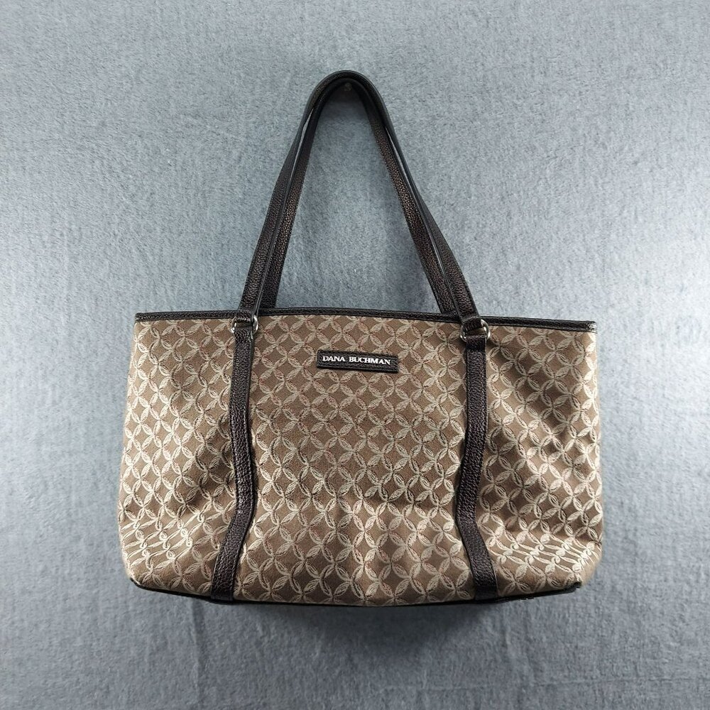 Donna Buckman Designer Tote Bag Brown & Beige Patterned Jacquard With Leather Tr
